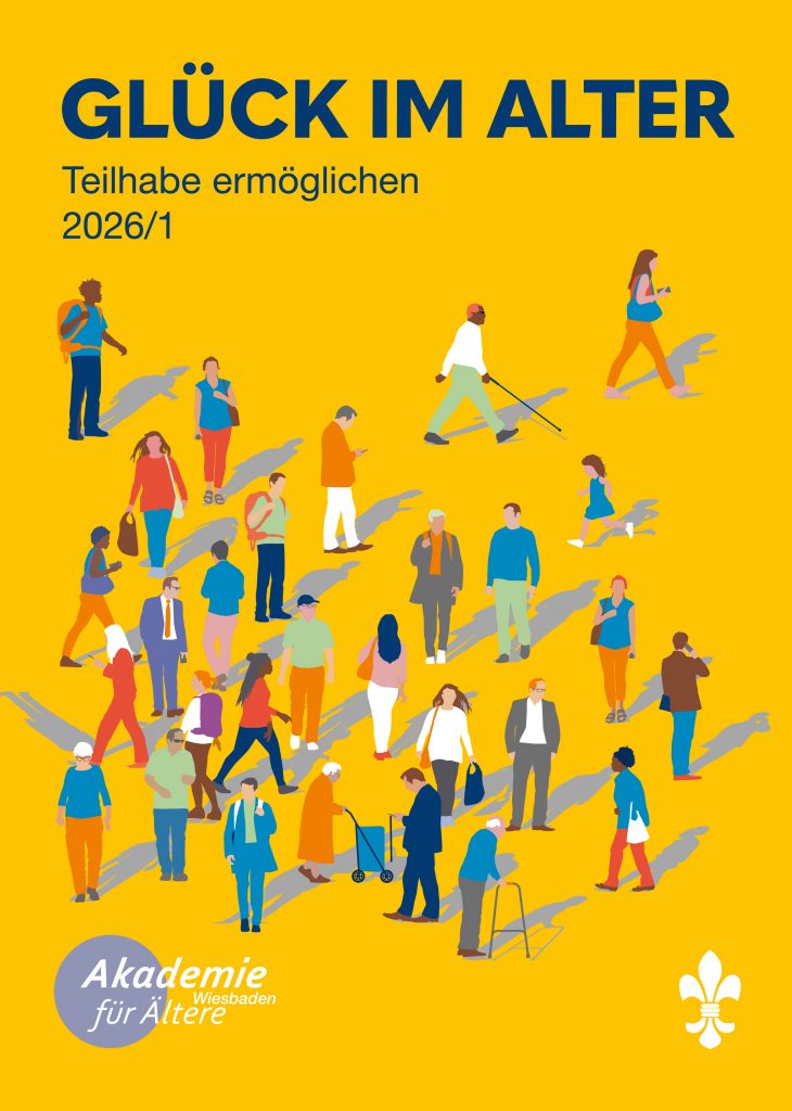 Titelseite des Programmhefts der AfÄ 2026/1. Man sieht viele verschiedene Personen vor einem gelben Hintergrund.